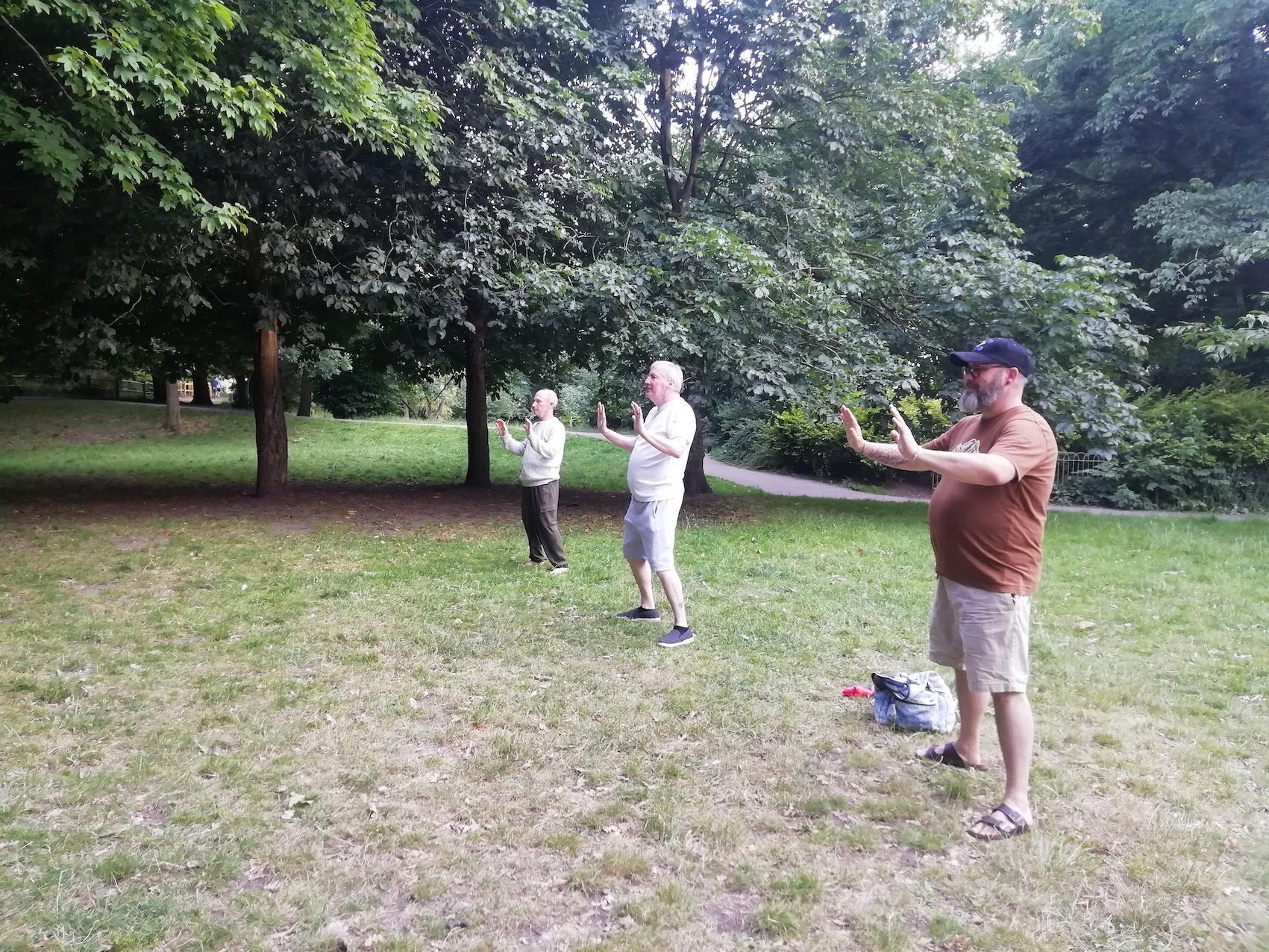 Three men practising qigong together on the grass in a park, arms raised in a slow, flowing movement