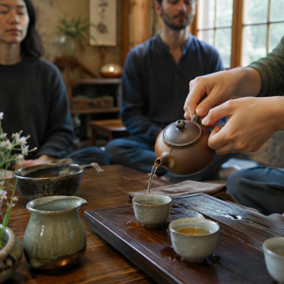 A tea meditation ritual with warm candlelight and steam rising from a clay teapot