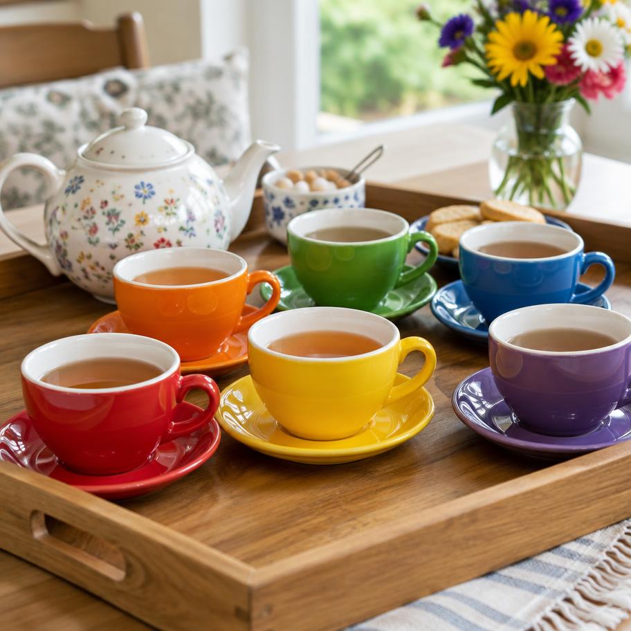 A rainbow tea gathering with colourful cups arranged ready for guests
