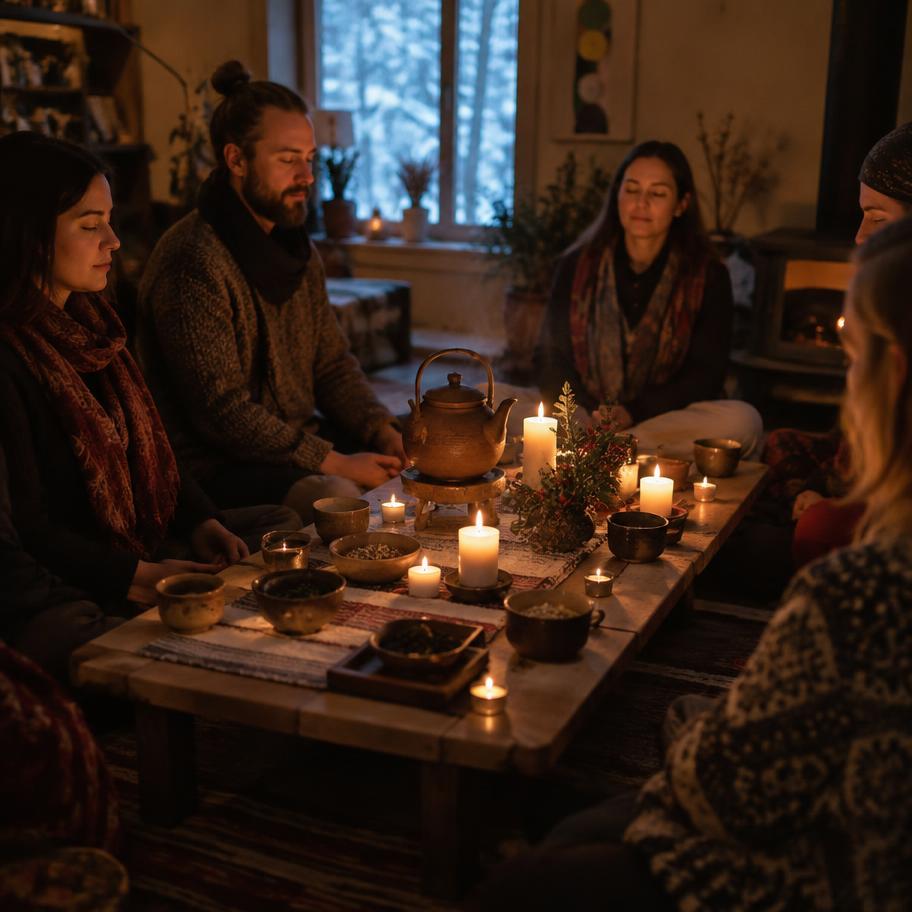 Guests seated in candlelight around a low table during a winter solstice tea meditation