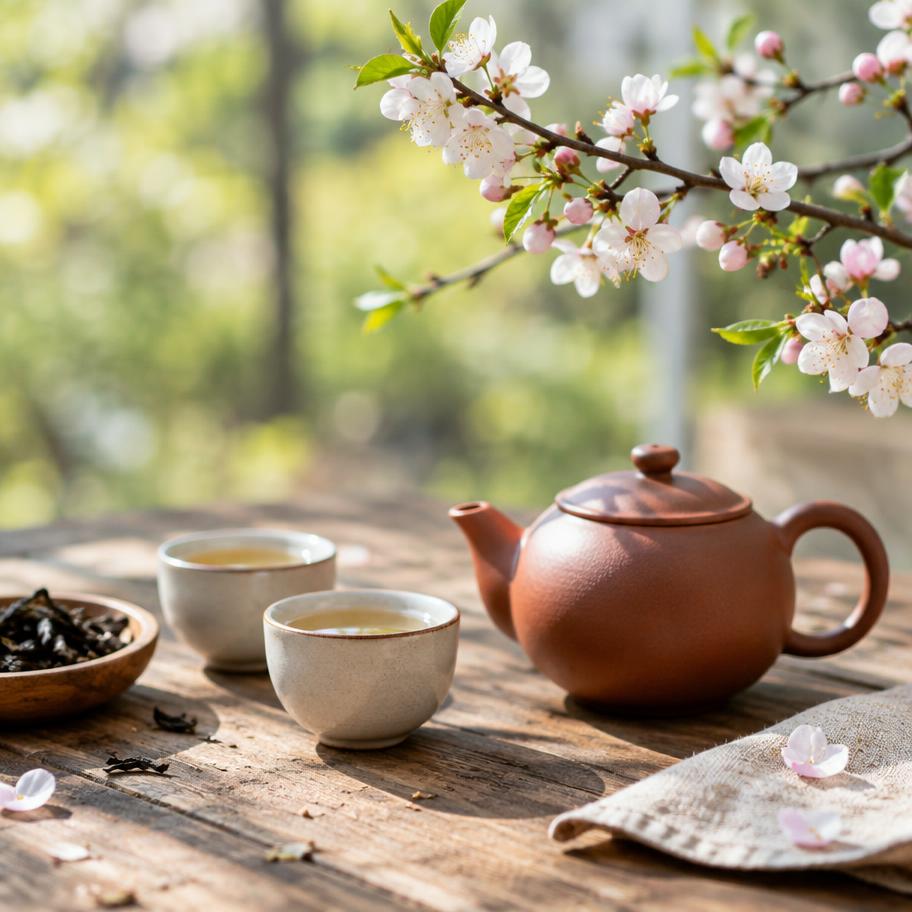 A spring tea ceremony laid out with a clay teapot and small cups on a wooden table