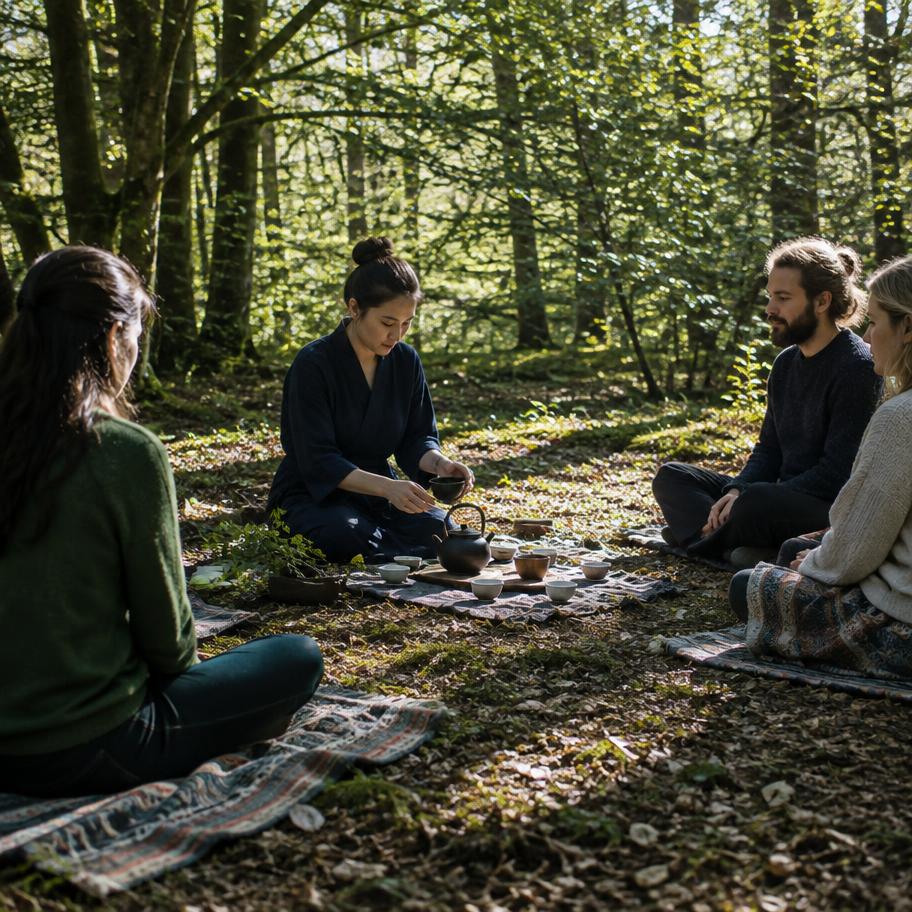 An outdoor tea ceremony at Wowo, with guests sitting quietly in the woodland